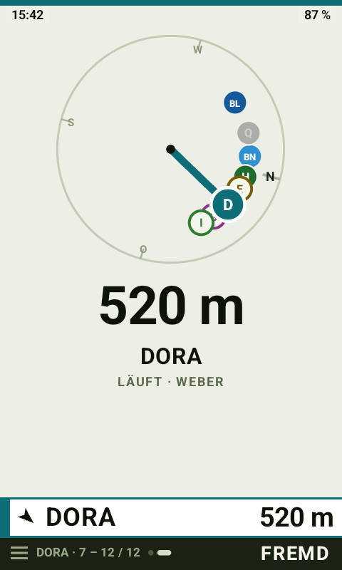 Kompassschirm des LOCIT Handgeräts: Hunde als farbige Kürzel auf einem Ring, Zeiger auf DORA in 520 m